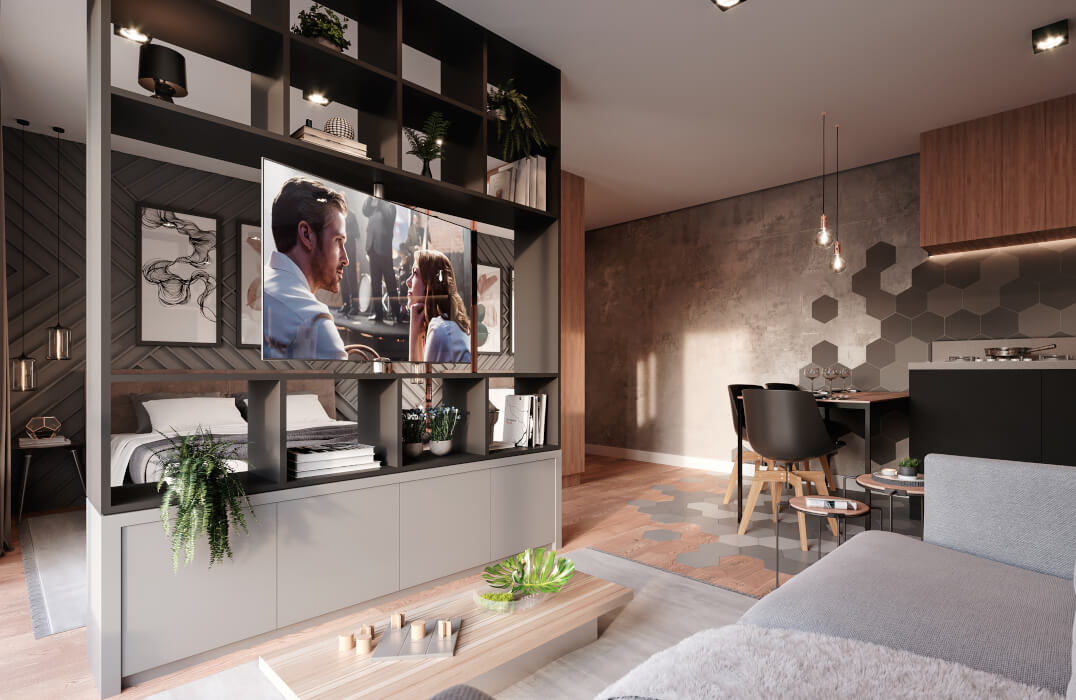 Apartamento-estudio-living-quarto-integrados-hub-smart-home-construtora-fontana