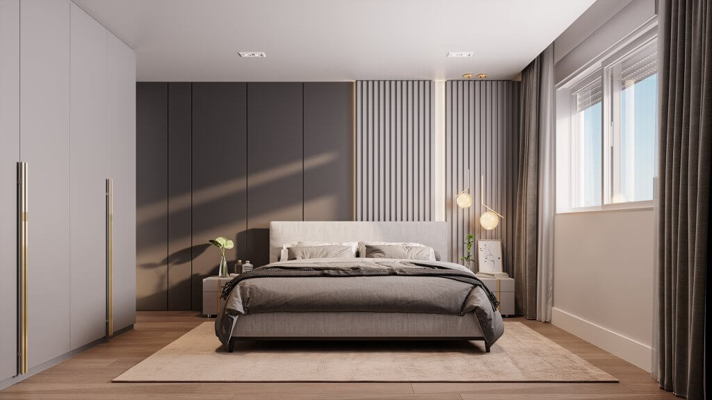 Dormitório com persianas automatizadas do Tremezzo Residencial, novo lançamento da Fontana, em Criciúma-SC.
