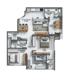 Planta tipo - final 01 (Os apartamentos final 02, 03 e 04 possuem a mesma planta apenas rebatida, sendo 03 e 04 com uma diferença de 0,22 m² maior)