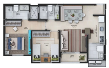 Apartamento tipo - Final 7 (Torres 1 e 3) e Final 3 (Torres 2 e 4)